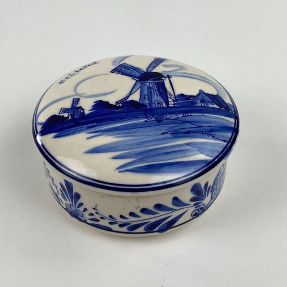Vintage Delft Blue Holland Windmill Trinket Box Hand Painted Round Ceramic - Picture 3 of 10